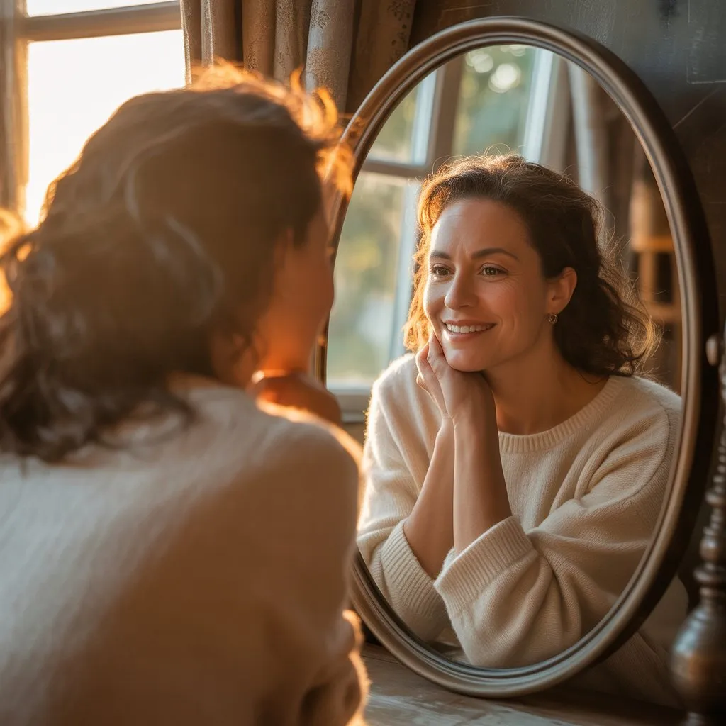 Женщина смотрит в зеркало с улыбкой