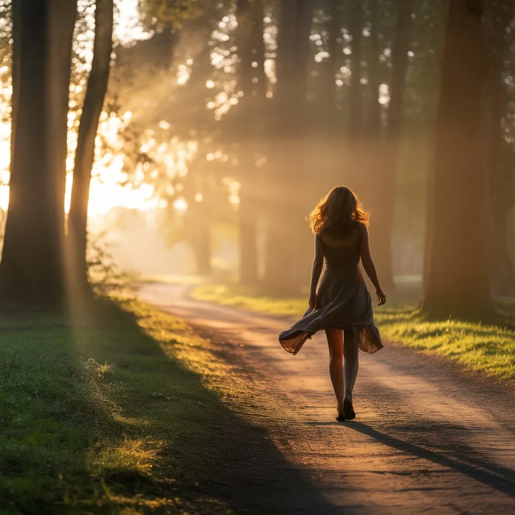 Женщина идёт по тропе на рассвете